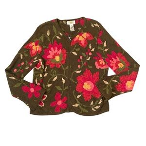 Talbots Green Floral Zip Up Cardigan Vintage Petite Medium